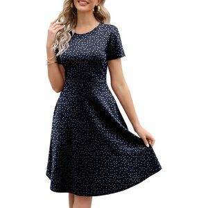 Women's Navy Dot Elegant Knee Length Vintage A-Line Swing Dress with Pockets